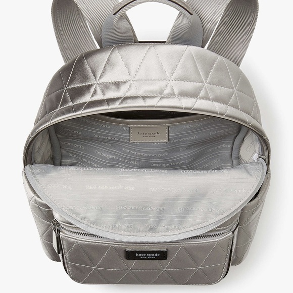 Kate Spade Sam Icon Silver Small Quilted Satin Backpack EUC